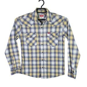 Mens Wrangler Western Yellow & Gray Plaid Shirt Long Sleeve Button Up Cowboy S